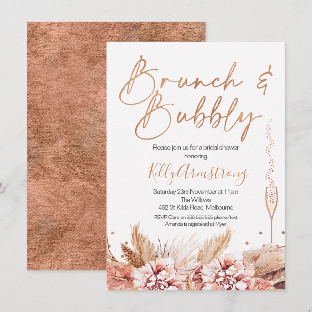 Invitación Rosa Gold Brunch Bubbly Boho Bridal Shower (Anverso / Reverso)