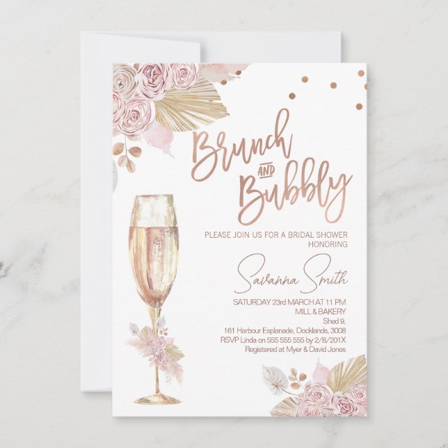 Invitación Rosa Gold Brunch Bubbly Boho Rosa Bridal Shower (Anverso)