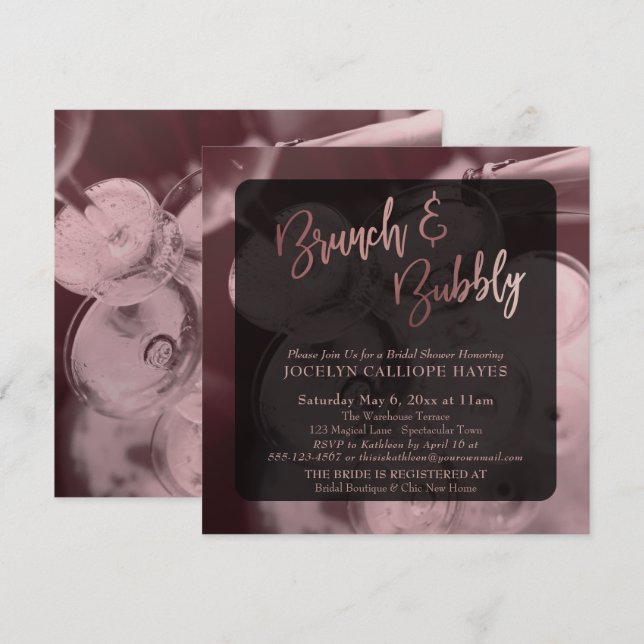 Invitación Rosa Gold Brunch & Bubbly Champagne Photo (Anverso / Reverso)