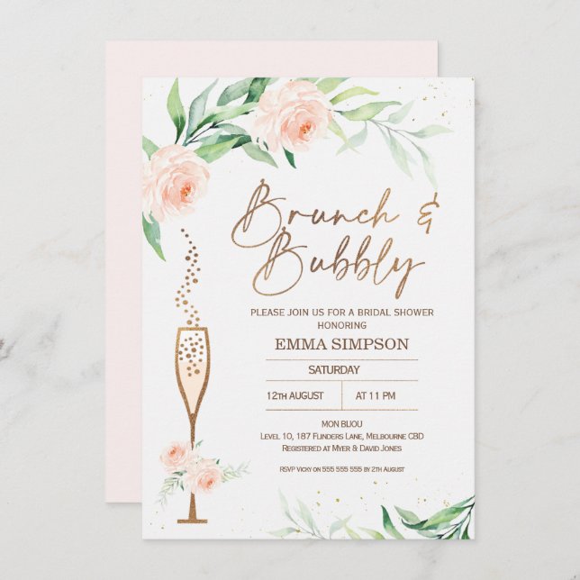 Invitación Rosa Gold Calligraphy Floral Bridal Shower (Anverso / Reverso)