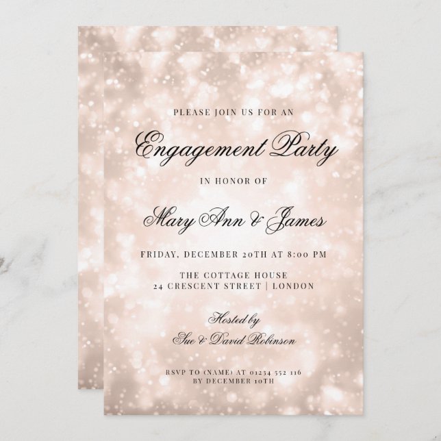 Invitación Rosa Gold Champagne Bokeh Elegant Engagement Party (Anverso / Reverso)