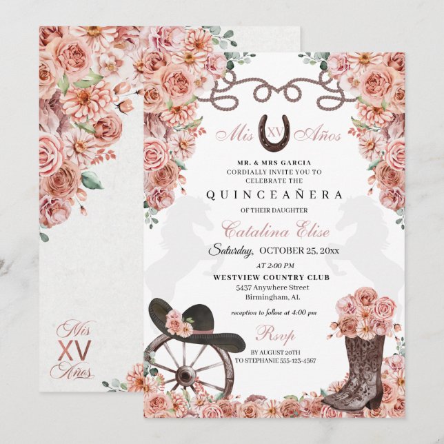 Invitación Rosa Gold Champagne Western Charra Quinceanera (Anverso / Reverso)