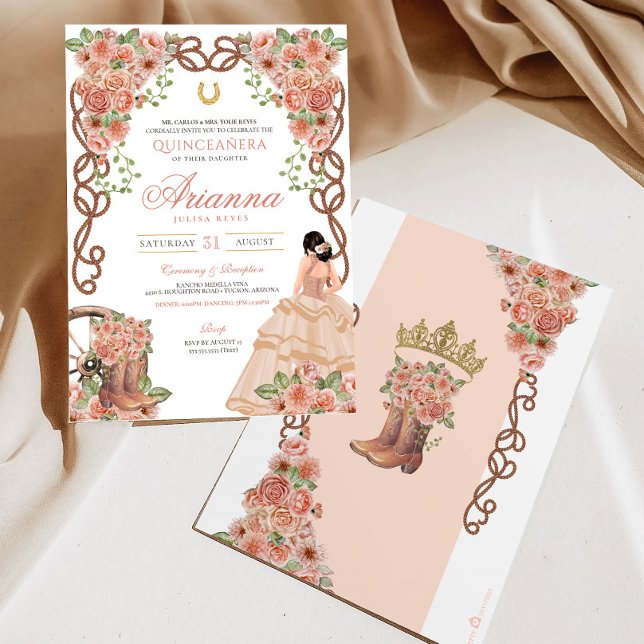 Invitación Rosa Gold Charra estilo occidental Floral Quinceañ (Subido por el creador)