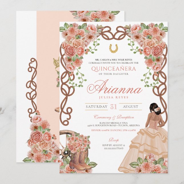 Invitación Rosa Gold Charra estilo occidental Floral Quinceañ (Anverso / Reverso)