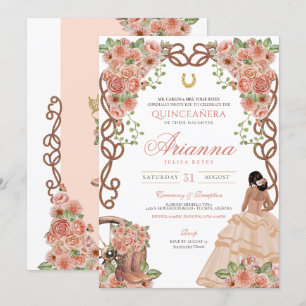 Invitación Rosa Gold Charra estilo occidental Floral Quinceañ