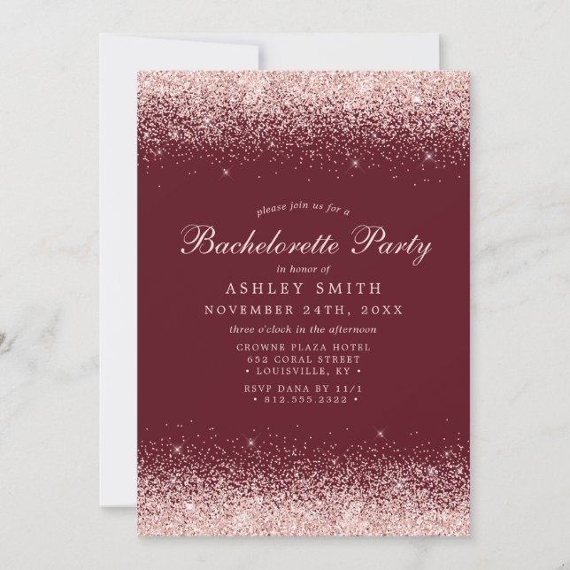 Invitación Rosa Gold Confetti Burgundy Bachelorette moderna (Anverso)