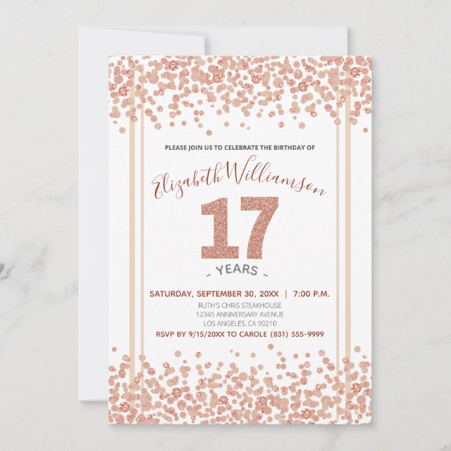 Invitación Rosa Gold Confetti estilo Purpurina 17 cumpleaños (Anverso)