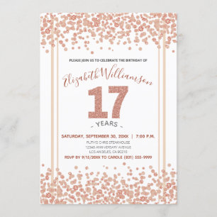Invitación Rosa Gold Confetti estilo Purpurina 17 cumpleaños