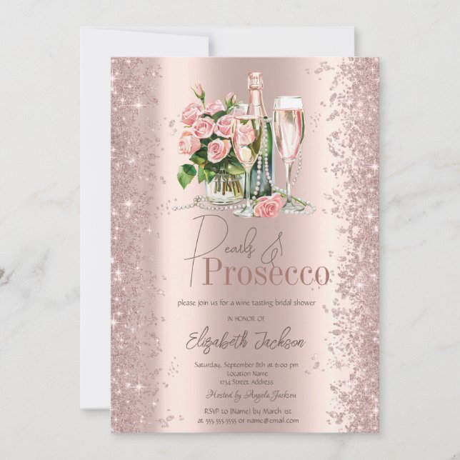 Invitación Rosa Gold Confetti Pearls Prosecco Bridal Shower (Anverso)