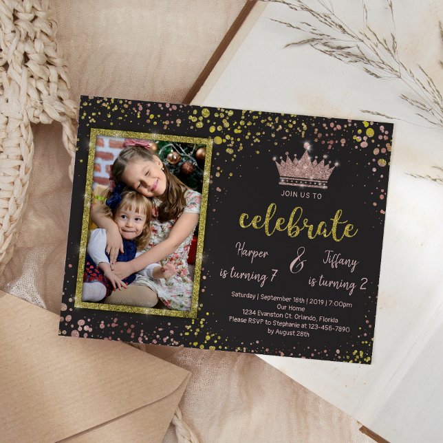 Invitación Rosa Gold Confetti PRINCESS Frends Joint Birthday (Subido por el creador)