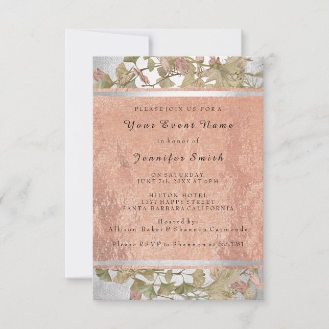 Invitación Rosa Gold Copper Silver Floral Bridal 16th Green (Anverso)