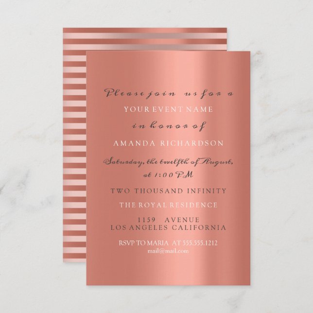 Invitación Rosa Gold Copper Stripes Elegante Bridal Cumpleaño (Anverso / Reverso)
