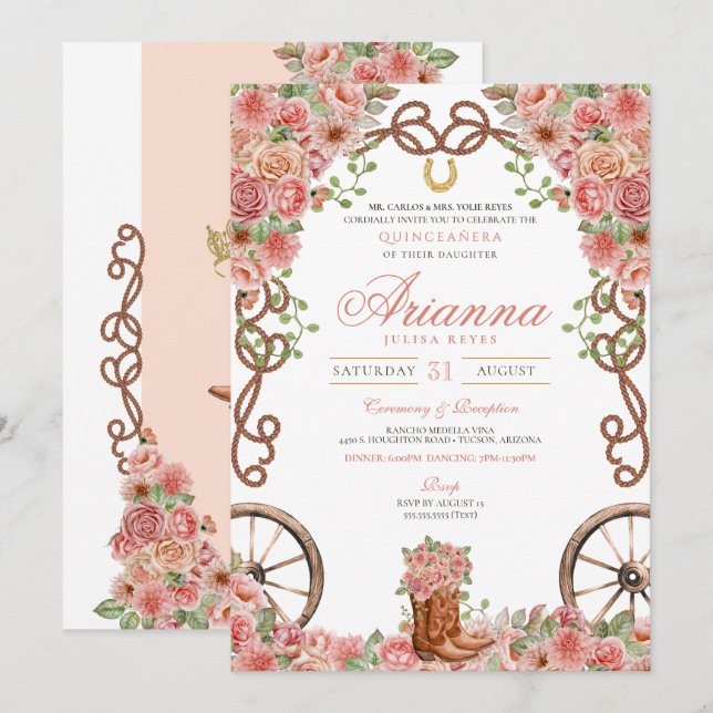Invitación Rosa Gold Country Western Charra Ranch Quinceañera (Anverso / Reverso)