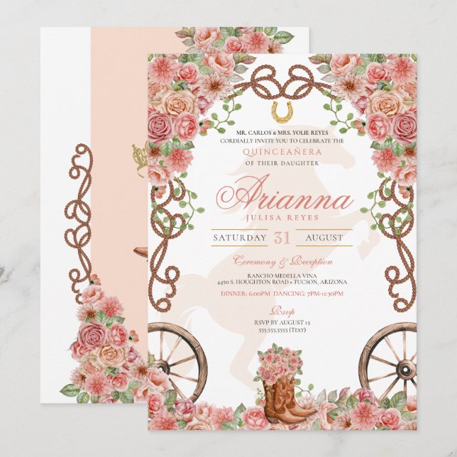 Invitación Rosa Gold Country Western Charro Ranch Quinceanera (Anverso / Reverso)