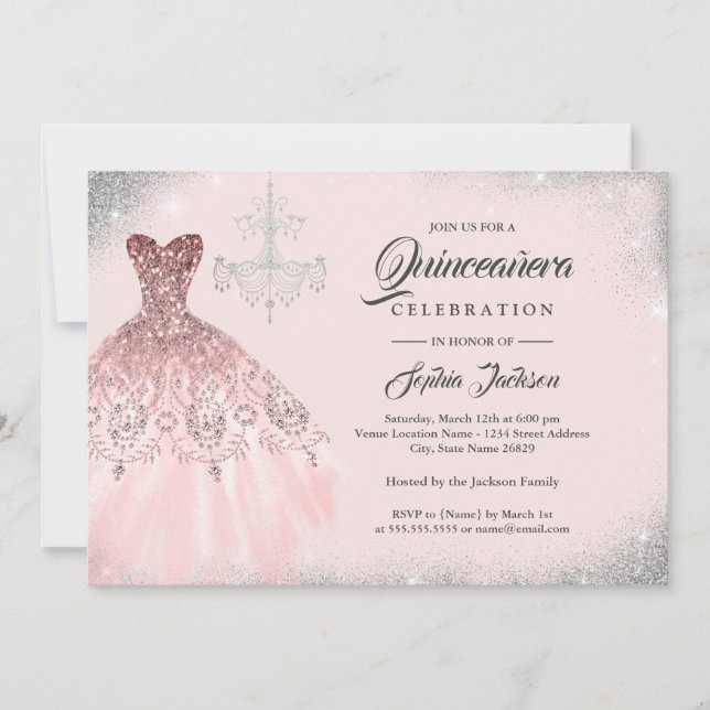 Invitación Rosa Gold Diamond Lace Gown Quinceanera (Anverso)