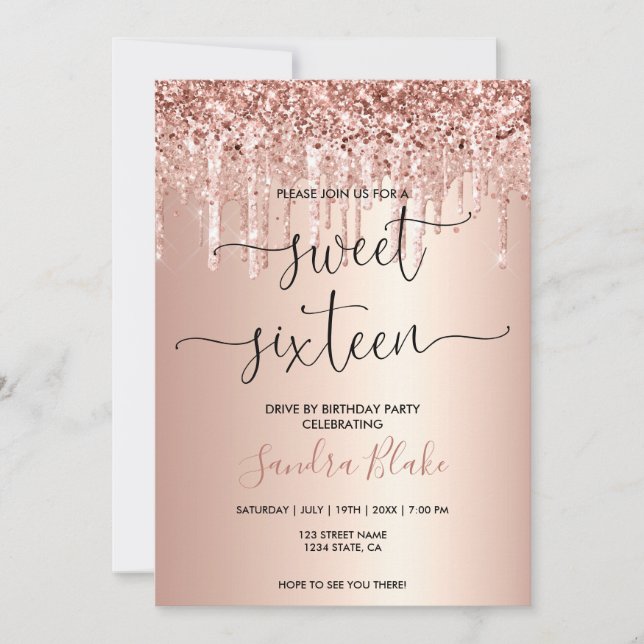 Invitación Rosa Gold Drips Girly Modern Drive de Sweet 16 (Anverso)