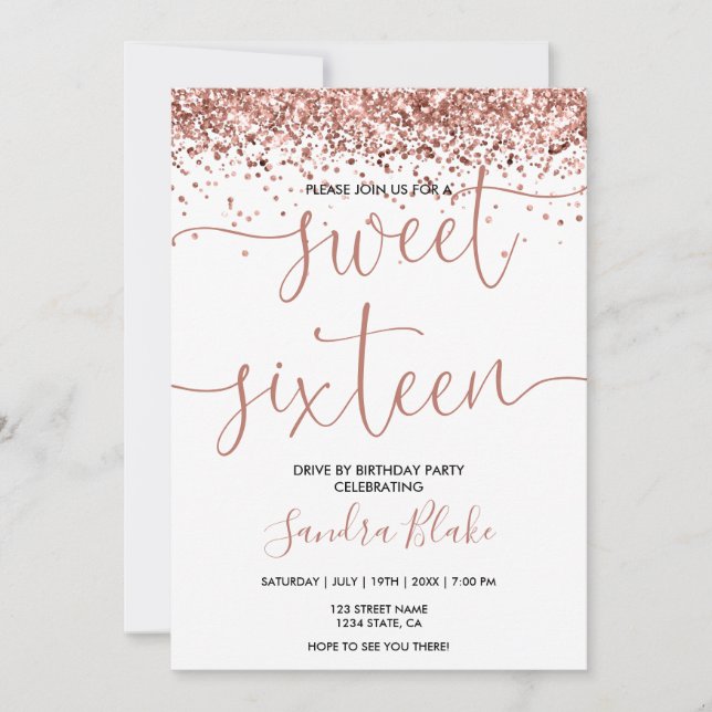 Invitación Rosa Gold Drips Girly Modern Drive de Sweet 16 (Anverso)