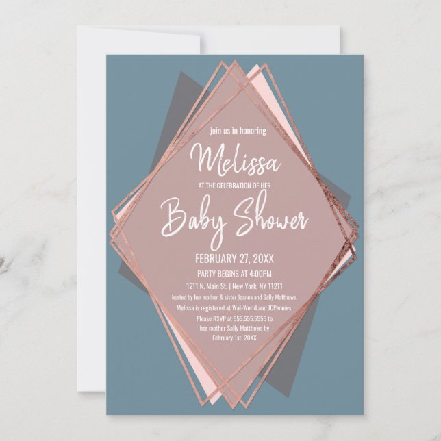Invitación Rosa Gold Dusty Blue Mauve Geométrico Baby Shower (Anverso)