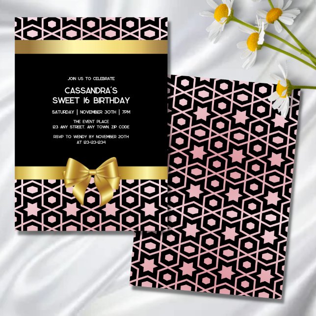 Invitación Rosa Gold Egypt Geometric Gold Bow 16th Birthday (Subido por el creador)