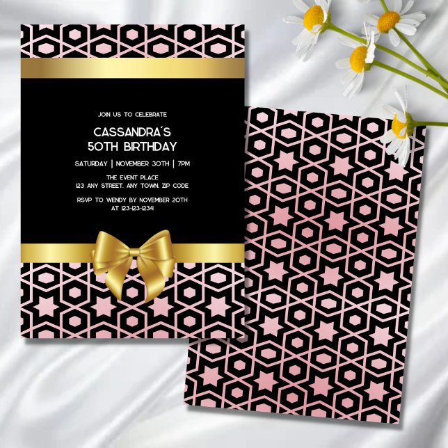 Invitación Rosa Gold Egypt Geometric Gold Bow Black Birday (Subido por el creador)