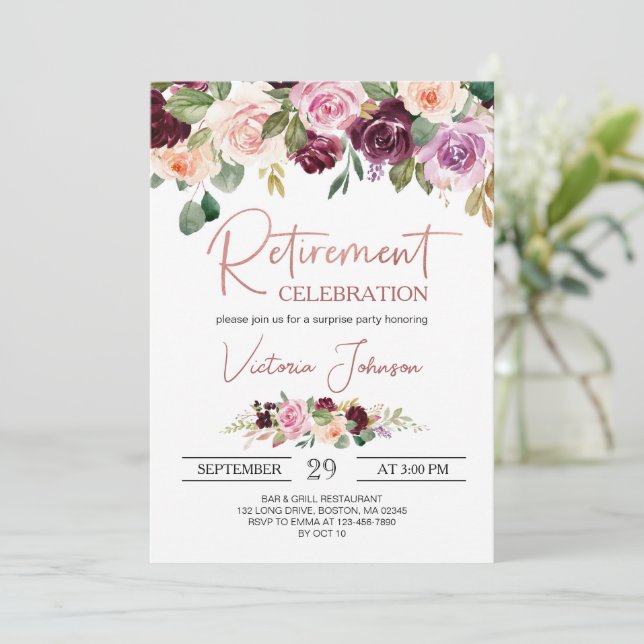 Invitación Rosa Gold Elegant Script Surprise Retirement Fiest (Anverso de pie)