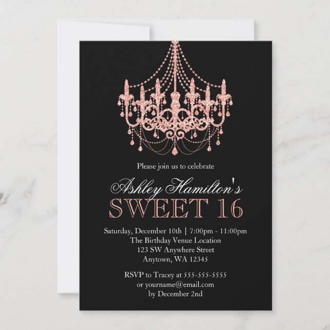 Invitación Rosa Gold Faux Purpurina Chandelier Sweet 16 (Anverso)