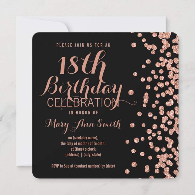 Invitación Rosa Gold Faux Purpurina Confetti Blac (Anverso)