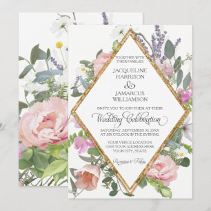 Invitación Rosa Gold Faux Purpurina Romántico Arte Floral Pin