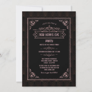 Invitación Rosa Gold Fleur-de-lis Art Deco Fiesta de Año Nuev
