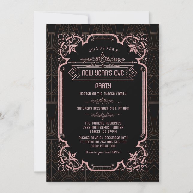 Invitación Rosa Gold Fleur-de-lis Art Deco Nochevieja (Anverso)