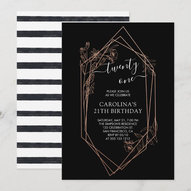 Invitación Rosa Gold Floral 21º cumpleaños (Anverso / Reverso)