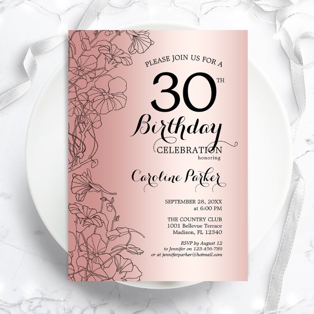 Invitación Rosa Gold Floral 30 Fiesta de cumpleaños (Subido por el creador)