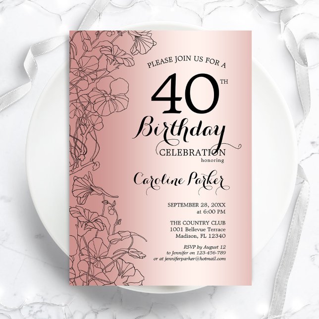 Invitación Rosa Gold Floral 40.º Fiesta de cumpleaños (Subido por el creador)