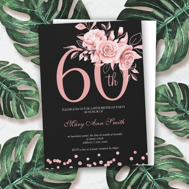 Invitación Rosa Gold Floral 60th Birthday Party Black (Subido por el creador)