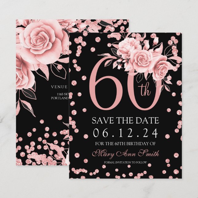 Invitación Rosa Gold Floral 60th Save The Date Black (Anverso / Reverso)