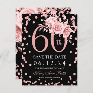 Invitación Rosa Gold Floral 60th Save The Date Black