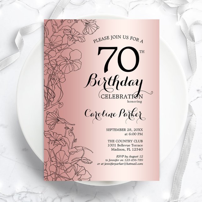 Invitación Rosa Gold Floral 70th Birthday Party (Subido por el creador)