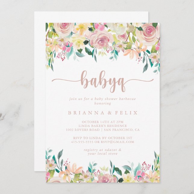 Invitación Rosa Gold Floral BabyQ Baby Shower Barbecue (Anverso / Reverso)