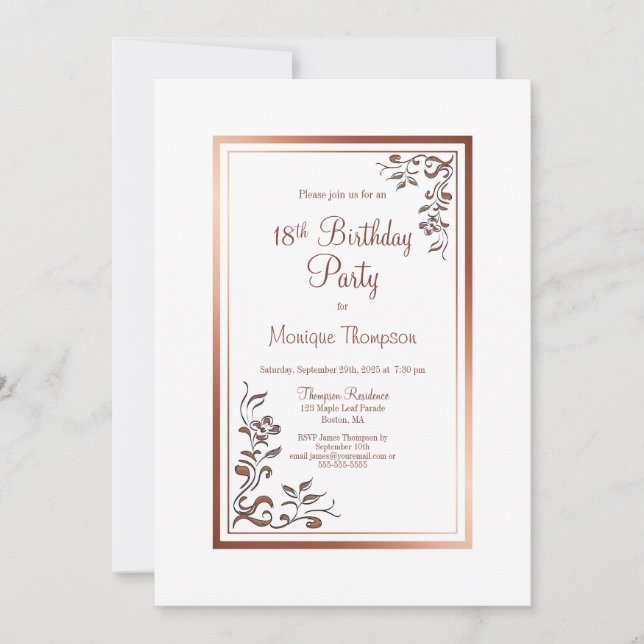 Invitación Rosa Gold Floral Border 18th Birthday Party (Anverso)
