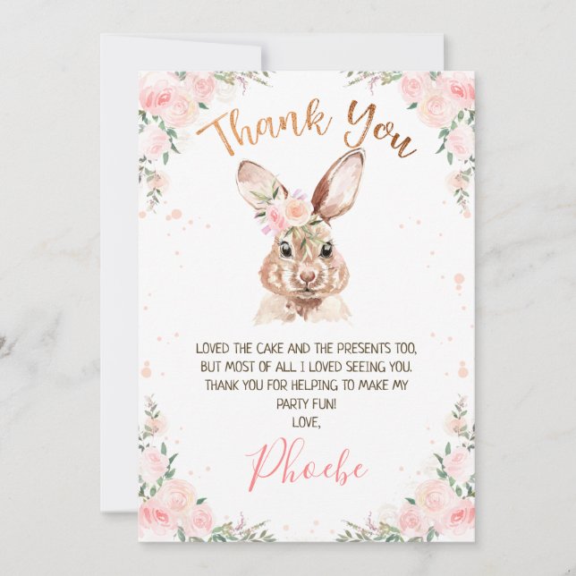 Invitación Rosa Gold Floral Bunny Birthday (Anverso)