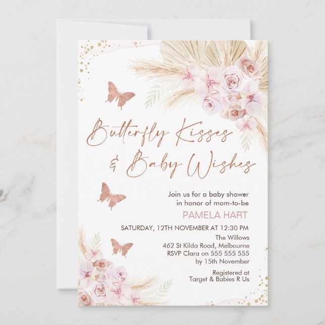 Invitación Rosa Gold Floral Butterly Kiss Baby Shower (Anverso)