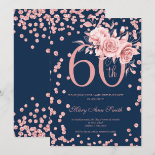 Invitación Rosa Gold Floral & Confetti 60.ª Armada de Cumplea