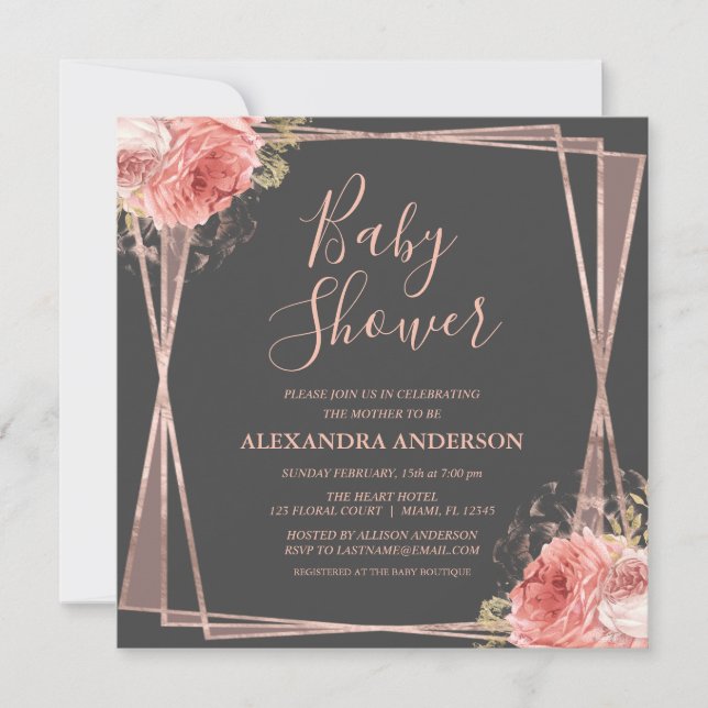 Invitación Rosa Gold Floral Elegante Baby Shower moderno (Anverso)