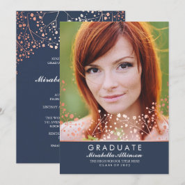 Invitación Rosa Gold Floral Elegante Navy Foto Graduada
