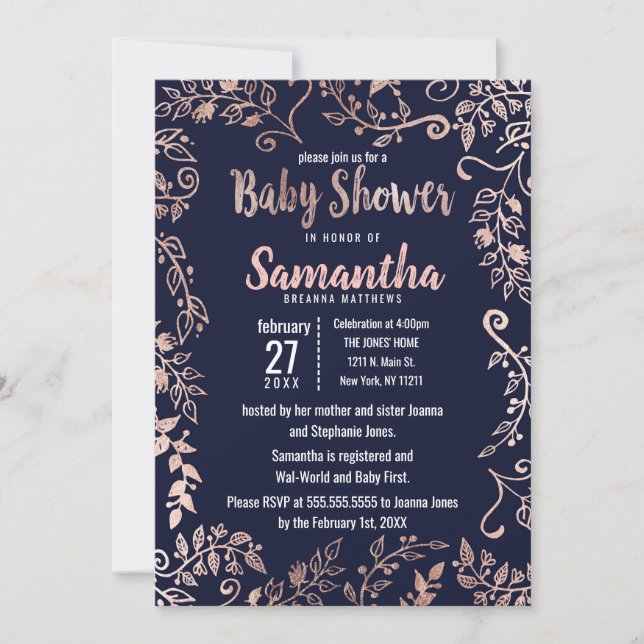 Invitación Rosa Gold Floral Navy Blue Brush Baby Shower (Anverso)