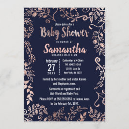 Invitación Rosa Gold Floral Navy Blue Brush Baby Shower