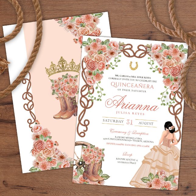 Invitación Rosa Gold Floral Occidental Charra Quinceañera (Subido por el creador)