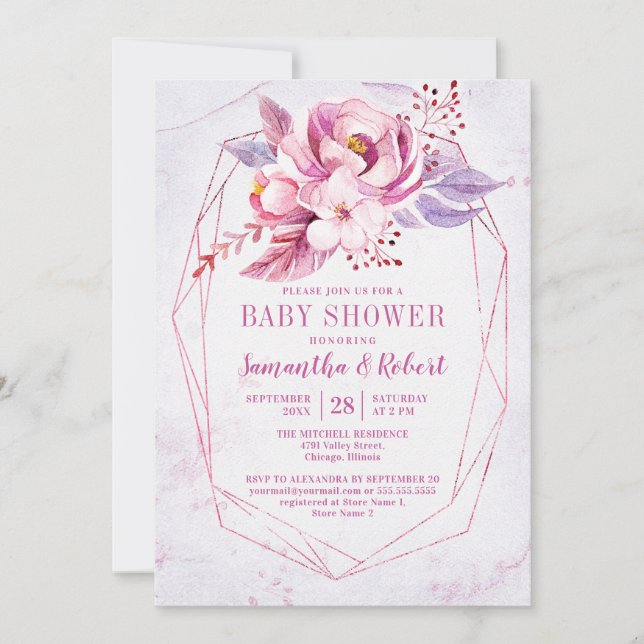 Invitación Rosa Gold Floral Pink Purple Baby Girl Baby Shower (Anverso)