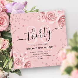 Invitación Rosa Gold Floral Purpurina 30th Birthday Script