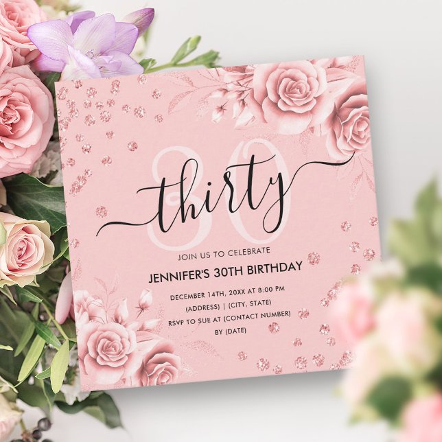 Invitación Rosa Gold Floral Purpurina 30th Birthday Script (Rose Gold Gold Floral Glitter 30th Birthday Script Invitation)